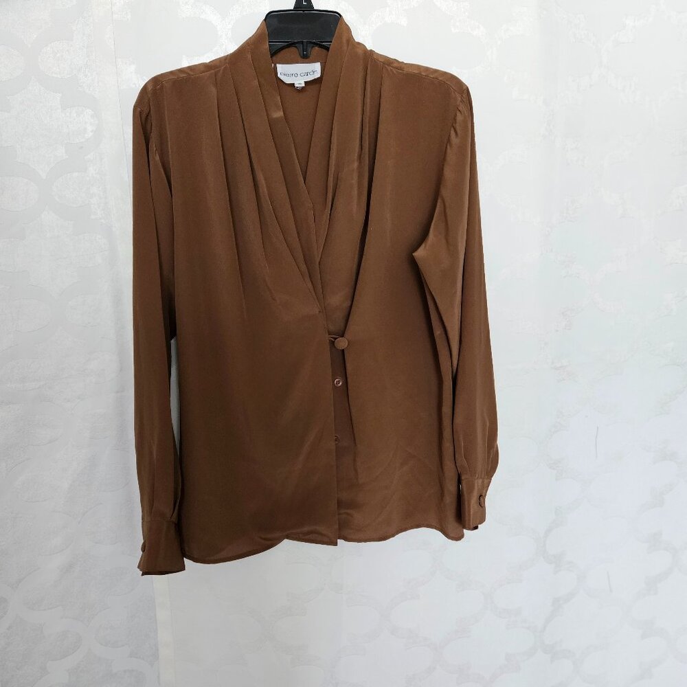 **Pierre Cardin Brown Draped Open-Front Blouse**